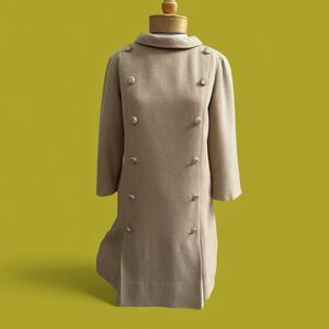 Stylish Vintage Tan Double-Breasted Camel Hair Coat Dress.